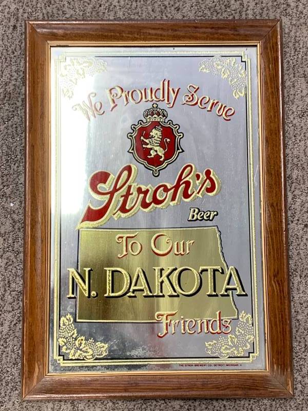 lot 7 image: Very Rare Framed Strohs North Dakota Beer Mirror
