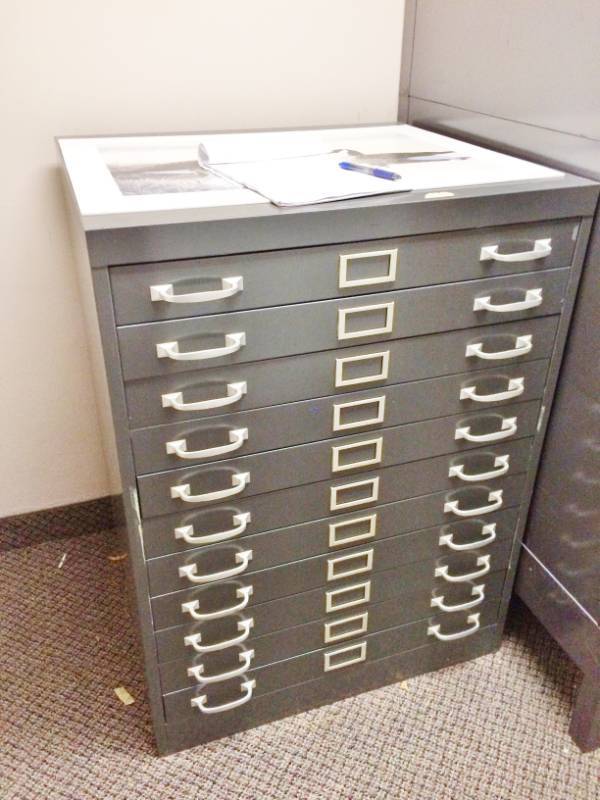 lot 93 image: WOW MSRP $7500 (CORRECTION ON PRICE) - RARE 11 Drawer Blue Print Drafting Prints Files - Grey Color Flat File Blueprint Plans Map Art Filing Cabinet - Nice Condition Approx 30 Wide x 40 Tall x 27 Depth