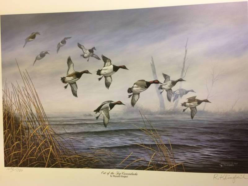 lot 23 image: Out Of The Fog Canvasbacks by Rhynard Klingbeil Signed & Numbered Limited Edition Print Size With Border Approx 22x17