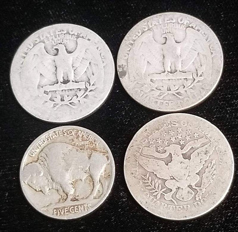 4 COINS 1934 1937 WASHINGTON 25C 1909 BARBER 25C 1927 BUFFALO 5C