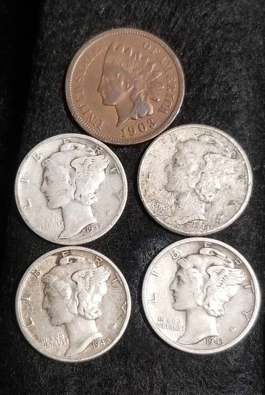 5 COINS 4 MERCURY DIMES 1903 INDIAN HEAD CENT