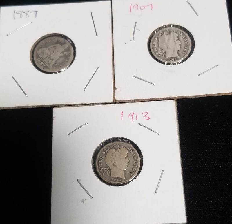 3 SILVER DIMES 1887 SEATED LIBERTY 1907 1913 BARBERS