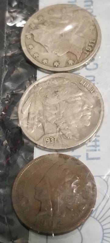 3 COINS 1902 INDIAN HEAD CENT 1911 LIBERTY 1937 BUFFALO NICKELS