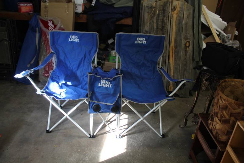 lot 235 image: Bud Light Beer Folding Double Seat Captain Chairs with Built-In Table