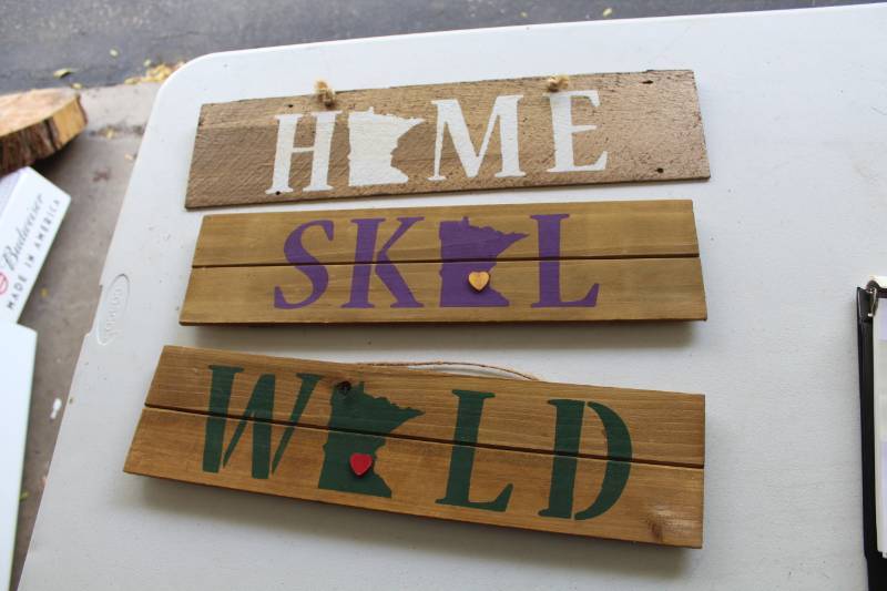 lot 288 image: Lot of (3) Minnesota Wood Signs - HOME, Skol, Wild