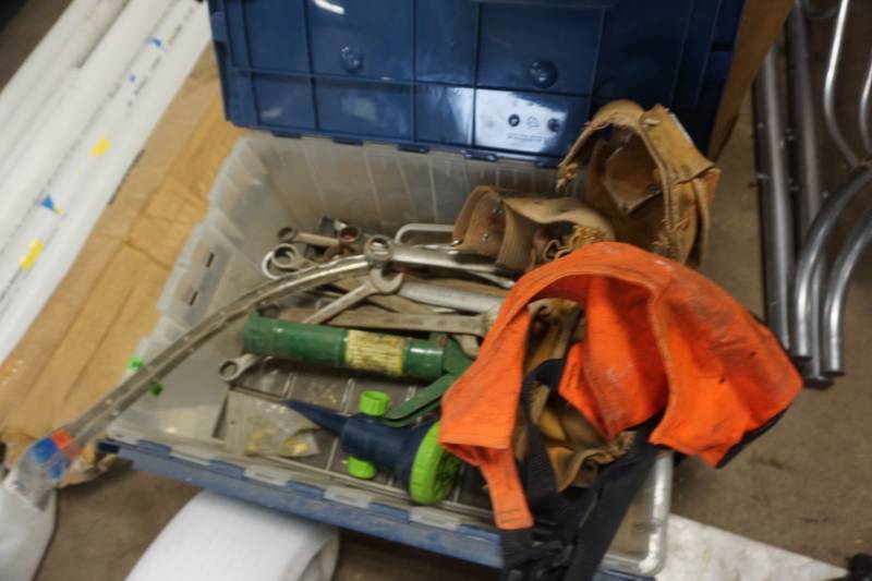 lot 96 image: Tote With Assorted Wrenches, Tools, Tool Belts, & Hardware