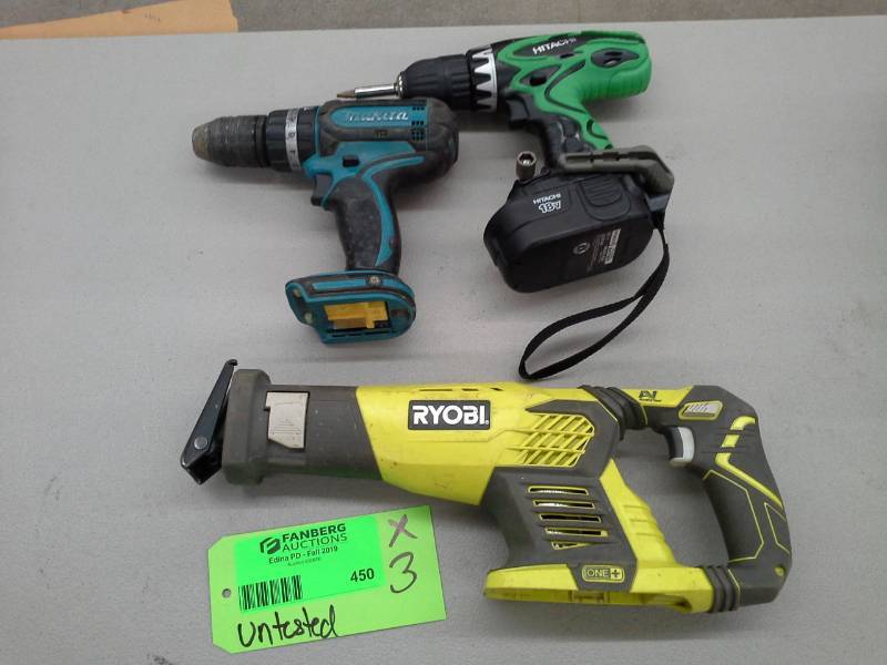 lot 450 image: Lot of (3) Ryobi Sawzall, Makita Concrete Drill, Hitachi 18VDC Cordless Drill with Battery