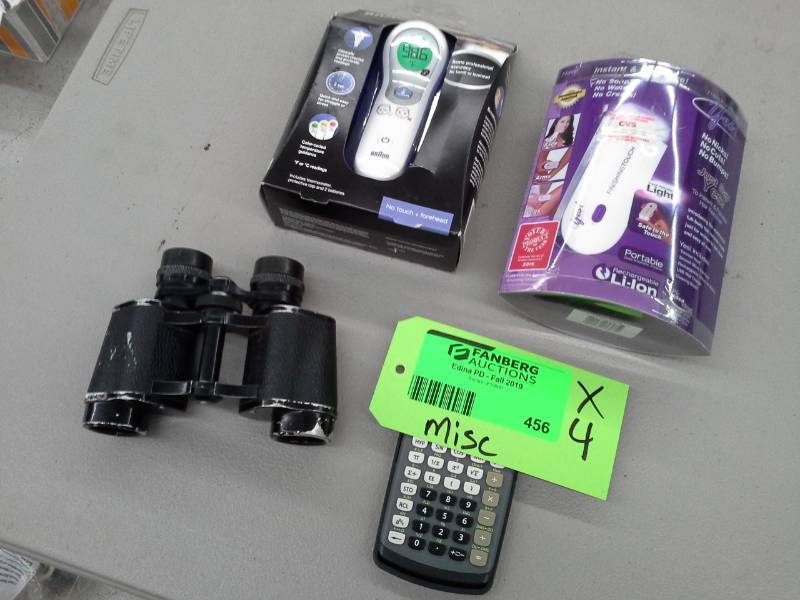 lot 456 image: Lot of (4) Binoculars, TI 30Xa Calculator, Braun Forehead Thermometer, Yes Finishing Touch Shaver