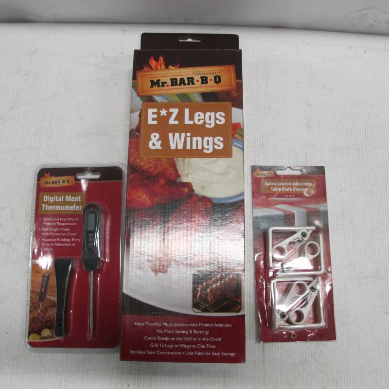 Grill Trio of Mr. Bar-B-Q items - EZ Legs & Wings, Digital Meat Thermometer and Spring Loaded Table Cloth Clamps