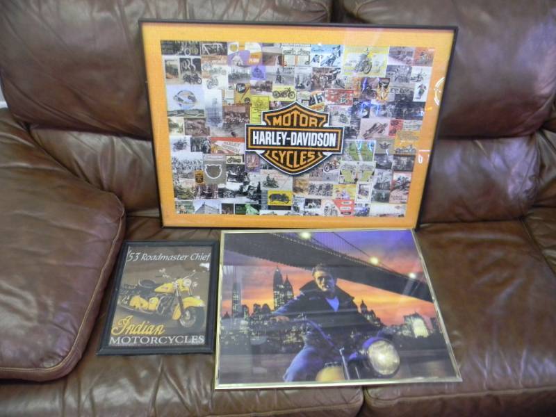 Lot of 3 Motorcylce Pieces. Harley Puzzle, James Dean Poster, and Vintage Indian Motorcycles Advertisement. - SEE PICTURES