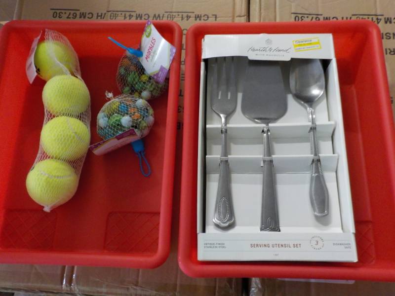 lot 45 image: 2 Plastic Trays, Utenils, marbles a...