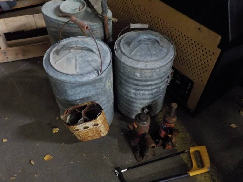 lot 186 image: Galvanized Containers, Old Tools an...