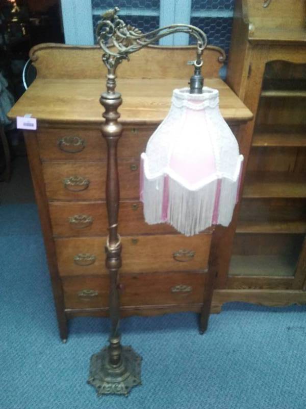 lot 123 image: Vintage floor lamp metal with cloth, lace and Beads shade