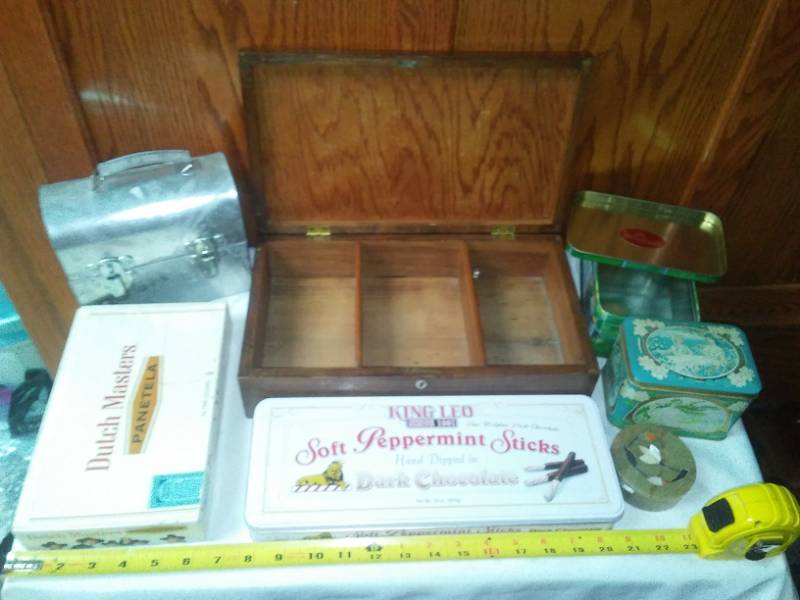 lot 155 image: Wood, tin cardboard, Stone containers.