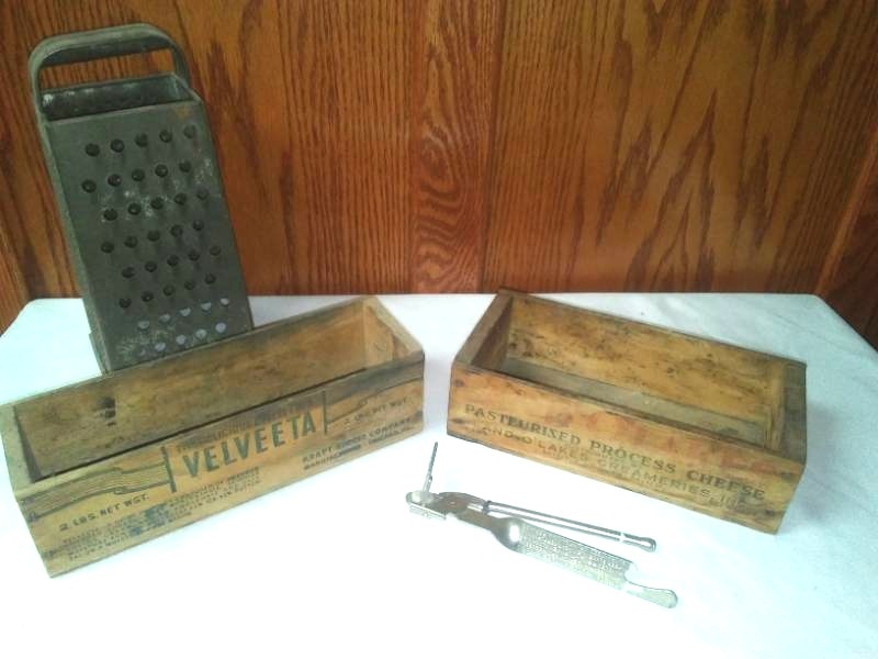 lot 180 image: Vintage kitchen wood Velveeta and Land O Lakes c