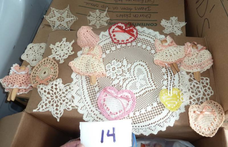 lot 14 image: vintage crocheted doiles, hearts an...