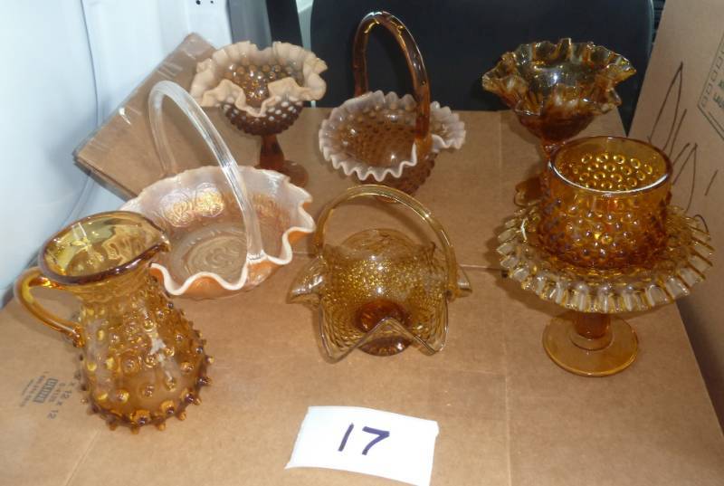 lot 17 image: Fenton Amber Hobnail glassware coll...