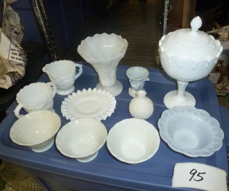 lot 95 image: group of white glass bowls, vase, s...