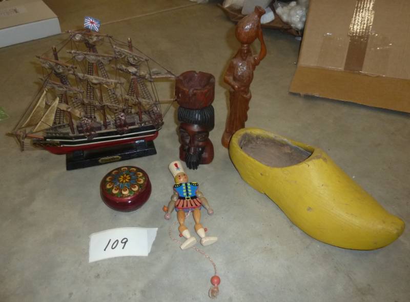 lot 109 image: wood carving collection, ship with ...