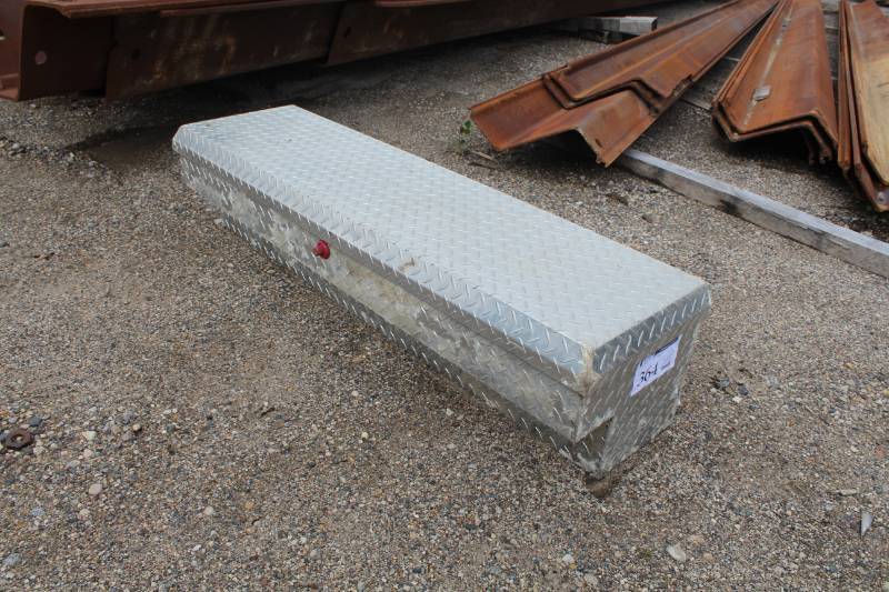 lot 364 image: Diamond-Plate Truck Bed Box with Single Flip Up Locking Door