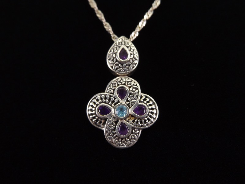 lot 1 image: .925 Sterling Silver SAMUEL BEHNAM Topaz and Amethyst Bali Pendant Necklace