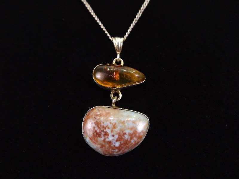 lot 6 image: .925 Sterling Silver Amber and Chrysocolla Cabochon Pendant Necklace