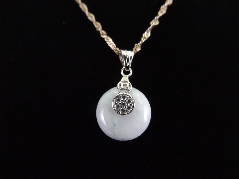 lot 13 image: .925 Sterling Silver Prosperity Jade Disc Pendant Necklace