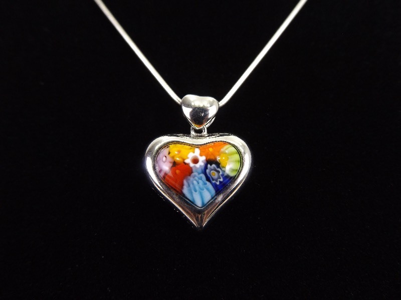 lot 14 image: .925 Sterling Silver Murano Millefiori Heart Pendant Necklace