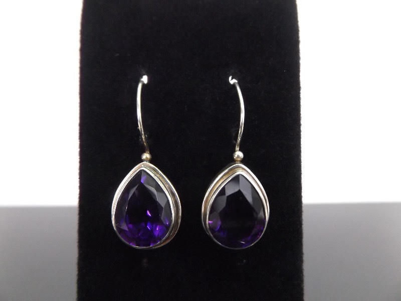 lot 66 image: .925 Sterling Silver Large Pear Cut Amethyst Hook Earrings