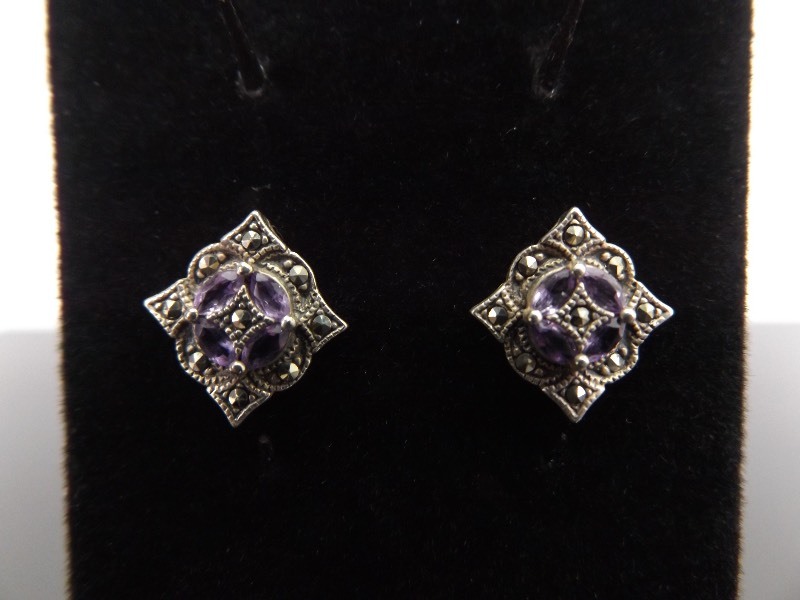 lot 67 image: .925 Sterling Silver Art Nouveau Amethyst Post Earrings