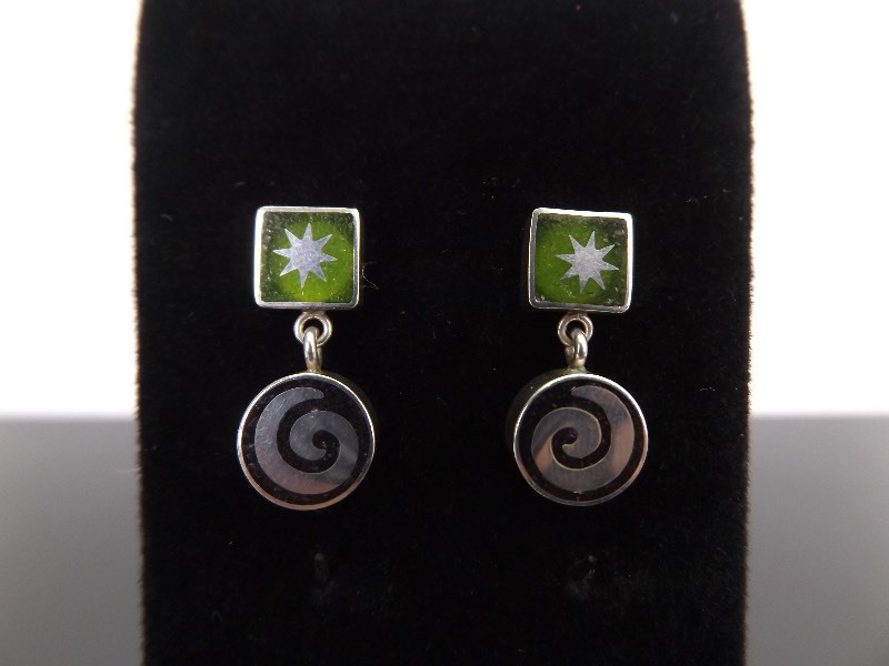 lot 68 image: .925 Sterling Silver Posy Modern Art Green and Purple Dangle Post Earrings