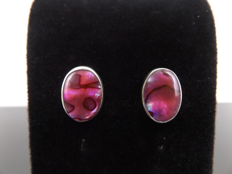 lot 69 image: .925 Sterling Silver Inlayed Purple Abalone Post Earrings