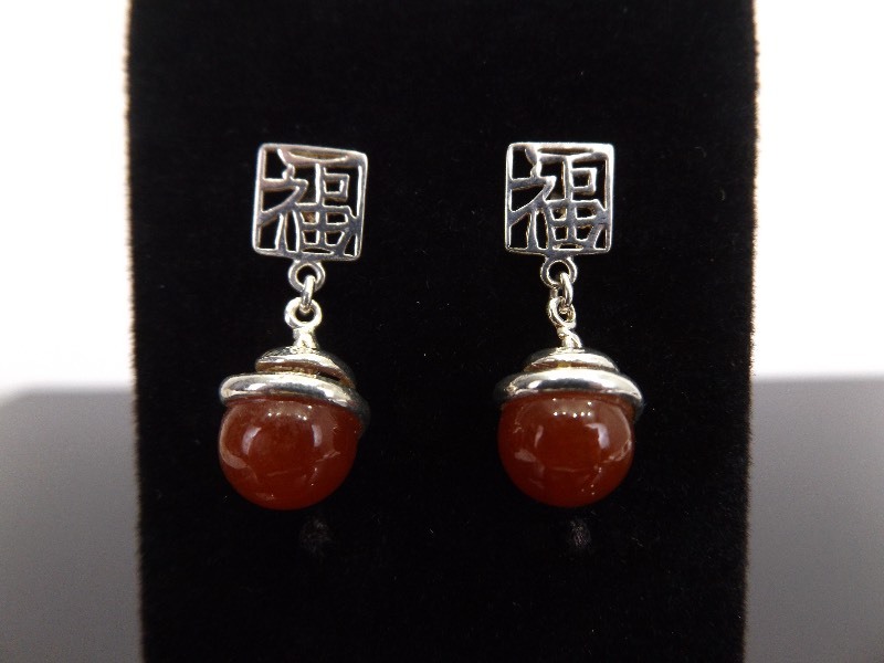 lot 70 image: .925 Sterling Silver Amber Ball Asian Prosperity Dangle Post Earrings