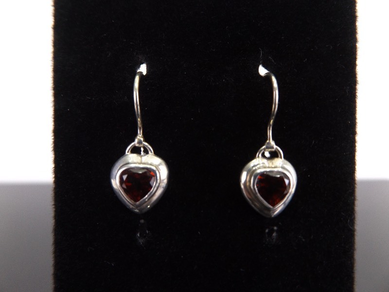 lot 72 image: .925 Sterling Silver Garnet Heart Dangle Hook Earrings