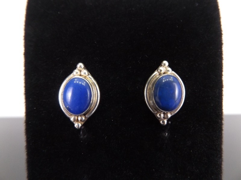 lot 74 image: .925 Sterling Silver Blue Enamel Cabochon Post Earrings