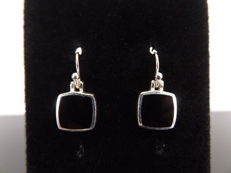 lot 82 image: .925 Sterling Silver Inlayed Onyx Dangle Hook Earrings