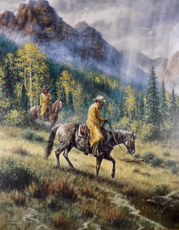 lot 16 image: Jack Terry Cowboys In The Rain Large Glass Framed Litho Print 35.5 x 41.5