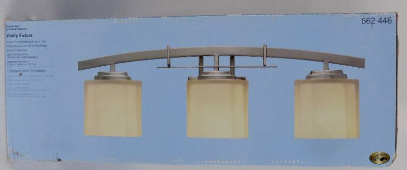 lot 18 image: (In Unopened Box) Hampton Bay - Architecture 3-Light Brushed Nickel Vanity Light with Etched White Glass Shades
