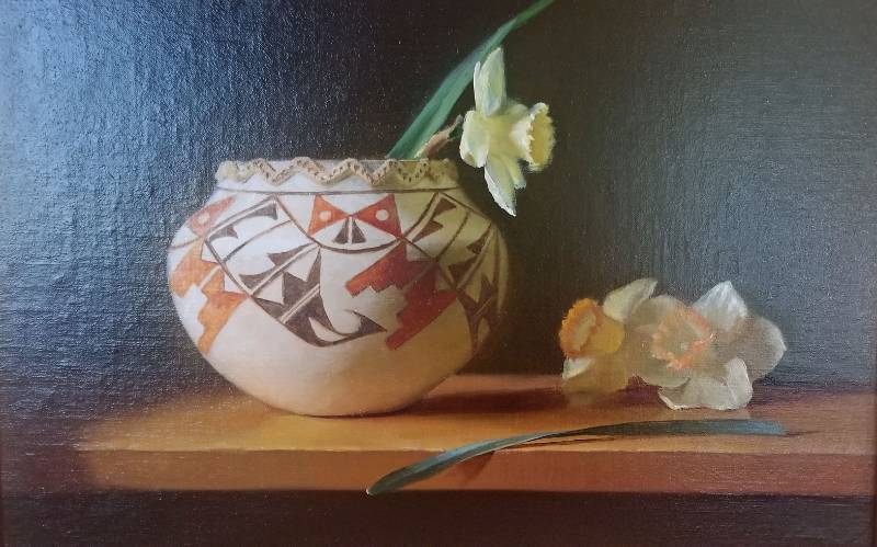 lot 15 image: Original Oil Painting Daffodils & Acoma Pot by Wendy Higgins