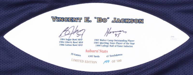 lot 24 image: Bo Jackson Signed Limited Edition Auburn Tigers Jersey with Career Stat Football Panel Inscribed Heisman 85 (JSA COA)