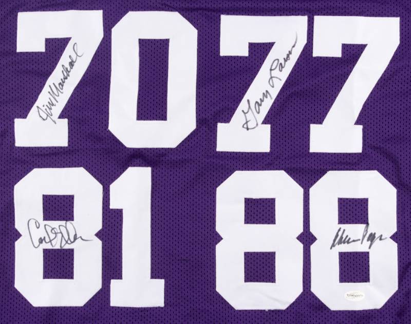 lot 20 image: Vikings Purple People Eaters Jersey Signed by (4) with Alan Page, Gary Larsen, Carl Eller, & Jim Marshall (TSE COA)