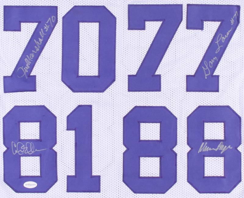 lot 21 image: Vikings Purple People Eaters Jersey Signed by (4) with Alan Page, Gary Larsen, Carl Eller, & Jim Marshall (TSE COA)