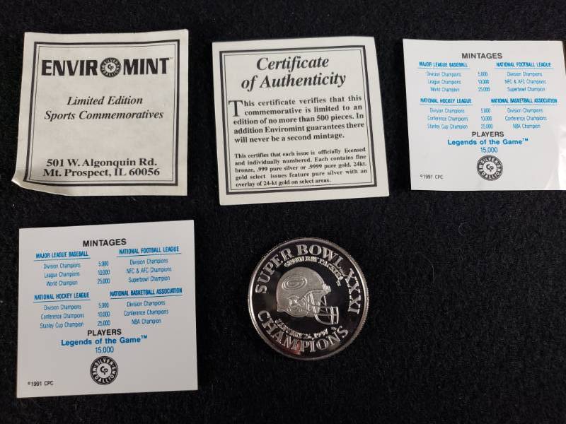 lot 26 image: 1 Ounce .999 Silver Green Bay Packers Limited Edition 31 Champions Coin