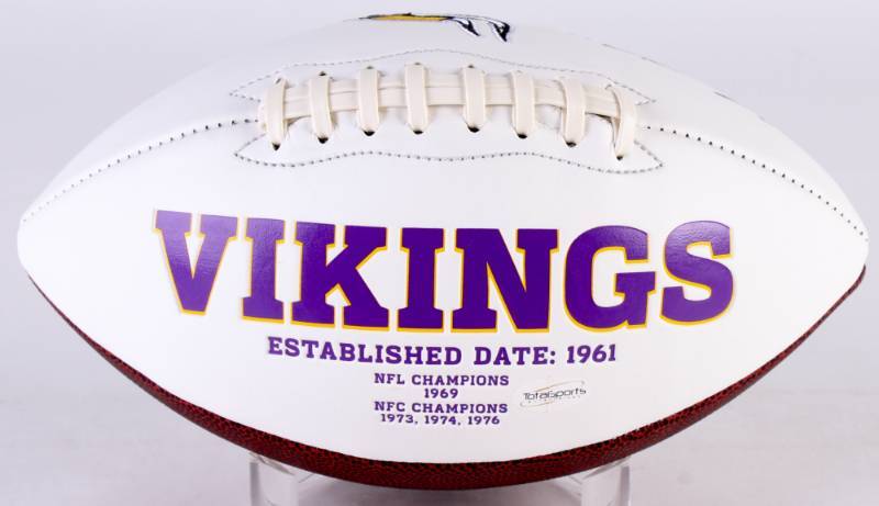 lot 35 image: Mike Hughes Signed Vikings Logo Full-Sized Football (TSE COA)