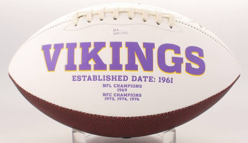lot 32 image: Linval Joseph, Danielle Hunter & Jalyn Holmes Signed Vikings Logo Football (JSA COA)