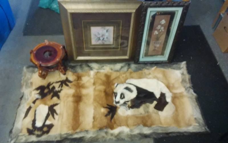 lot 10 image: Fur Panda Rug (Has Hole), 2-Pictures, 1-Indoor Flower Pot Stand