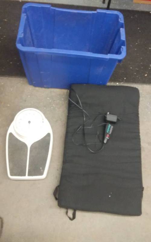 lot 12 image: Recycle Bin, Old Scale, Back Massager Chair Pad