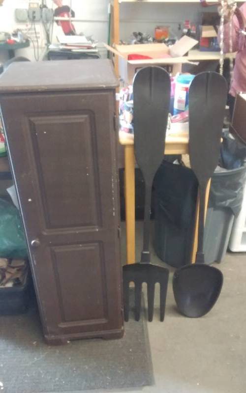 lot 16 image: Pantry Cupboard 15x15x48 & Large Spoon & Fork Wall Decor