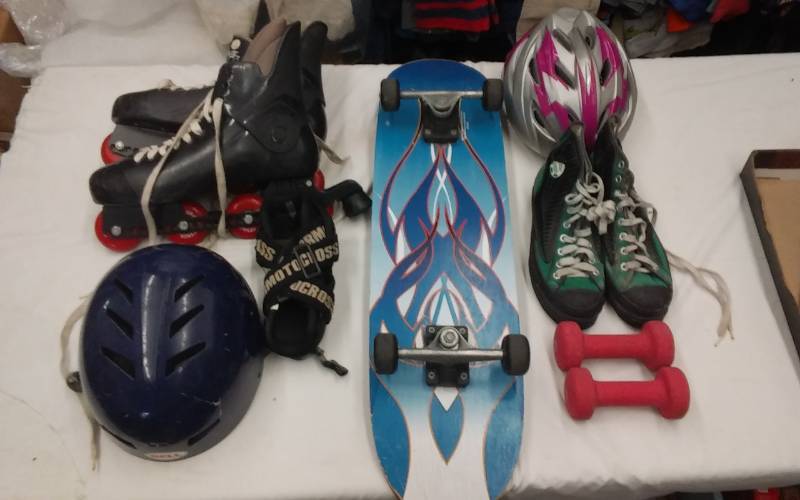 lot 37 image: Skateboard, Roller Blades, Helmets, Broom-Ball Shoes, More