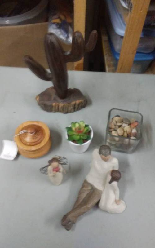 lot 43 image: Carved Trinket Box, Wooden Cactus, Willow Tree Figures & More